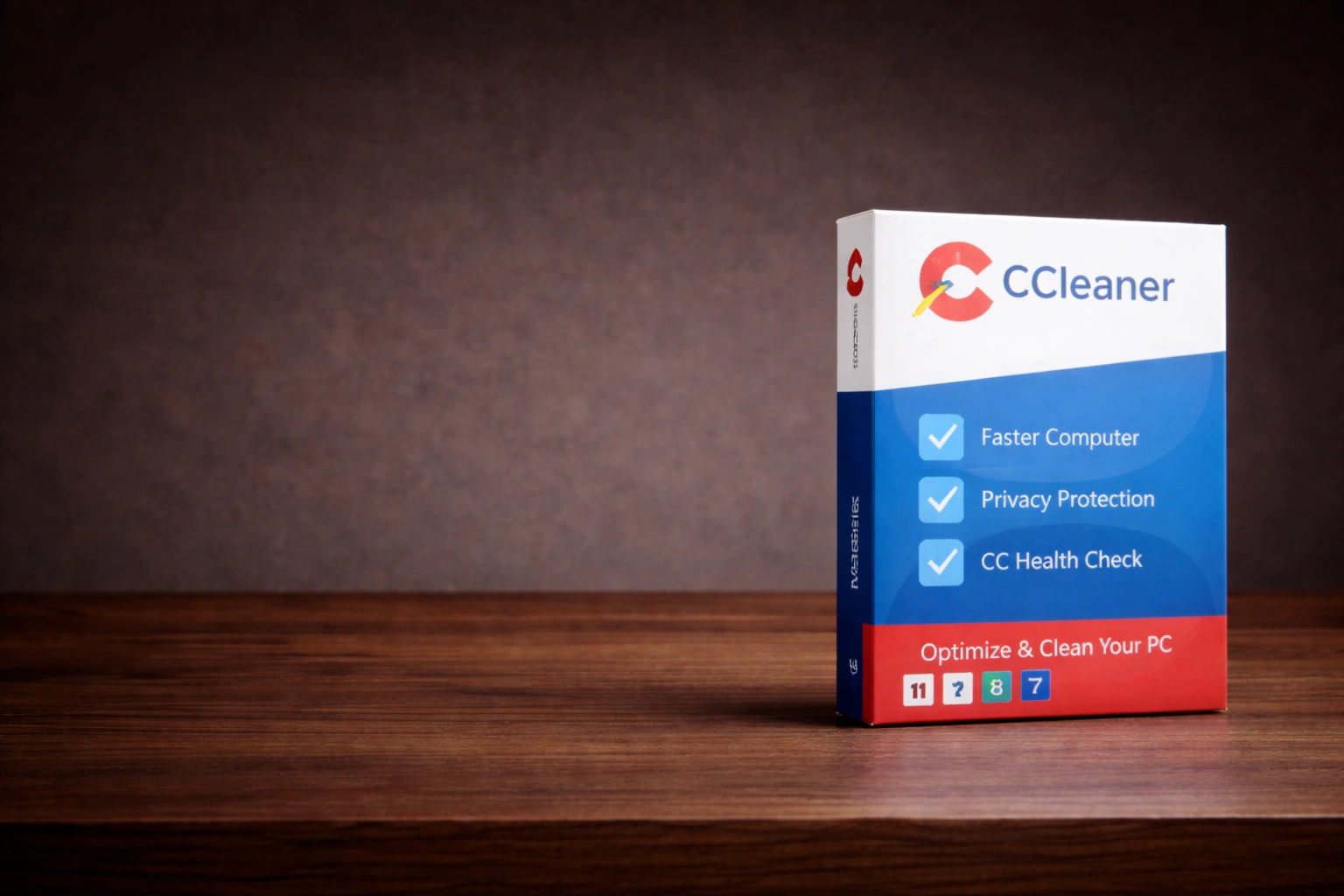 CCleaner software produktbillede på træbord med negativ plads til tekst