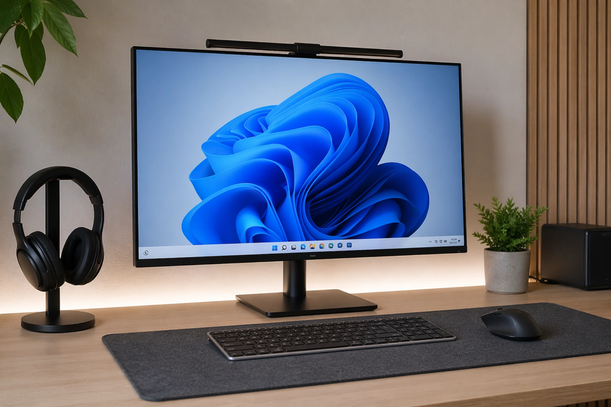 Moderne desktop-pc-opsætning med stor skærm, tastatur, mus og minimalistisk skrivebord, som illustrerer artikel om Windows 12