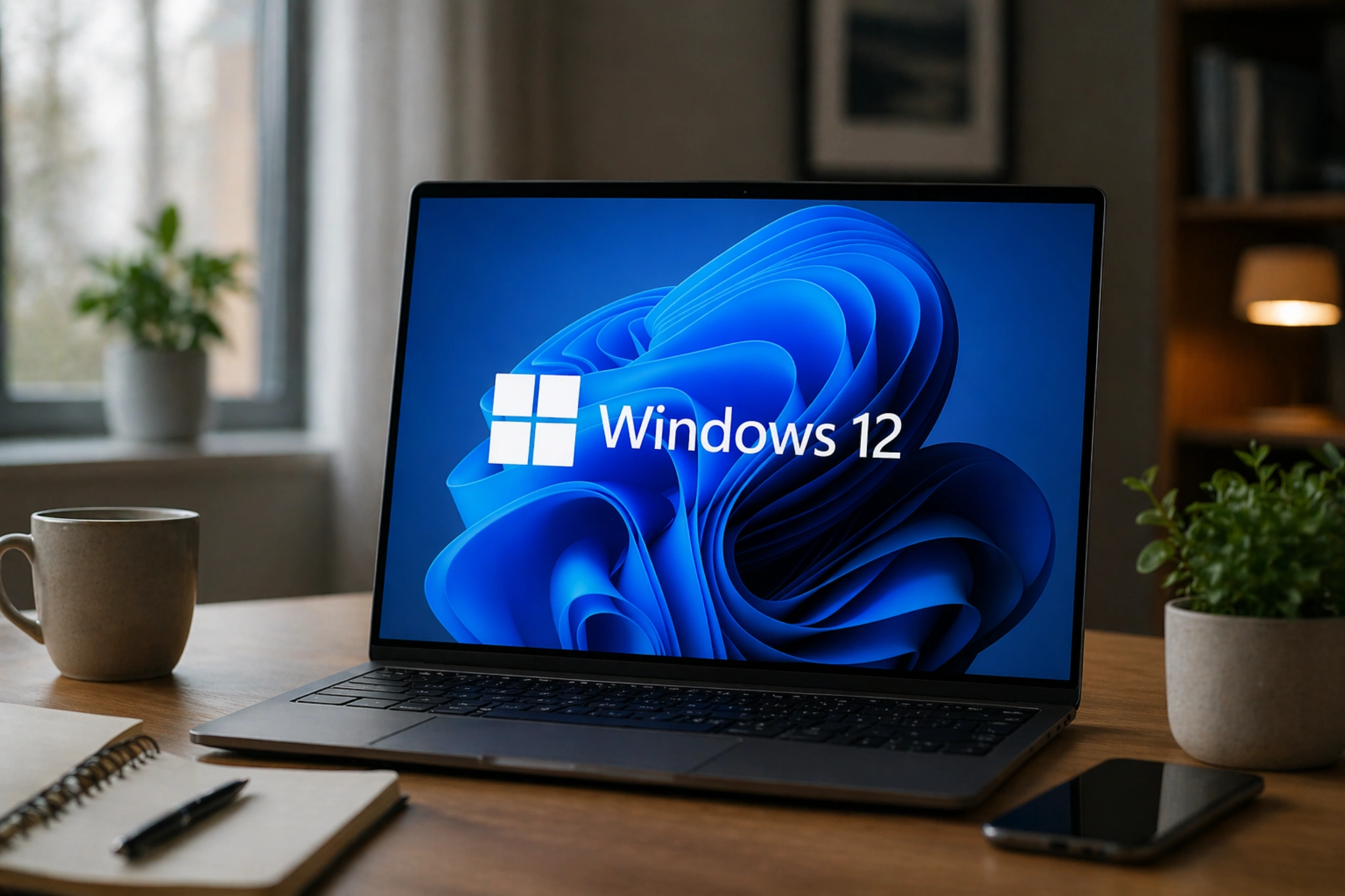 Bærbar computer på skrivebord med Windows 12 på skærmen i et moderne hjemmekontor